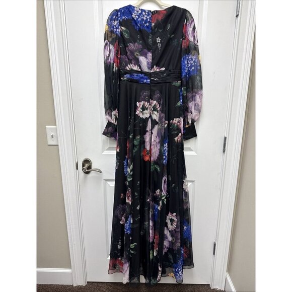 Mac Duggal Size 6 Black Floral 67872 Chiffon Long Sleeve Evening Gown Dress $598 - Picture 14 of 16